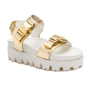 BUSCEMI gold buckled platform sandals, Size 8